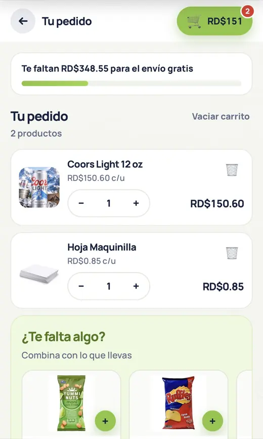 Pedido en curso dentro de la aplicación de Colmado Leo
